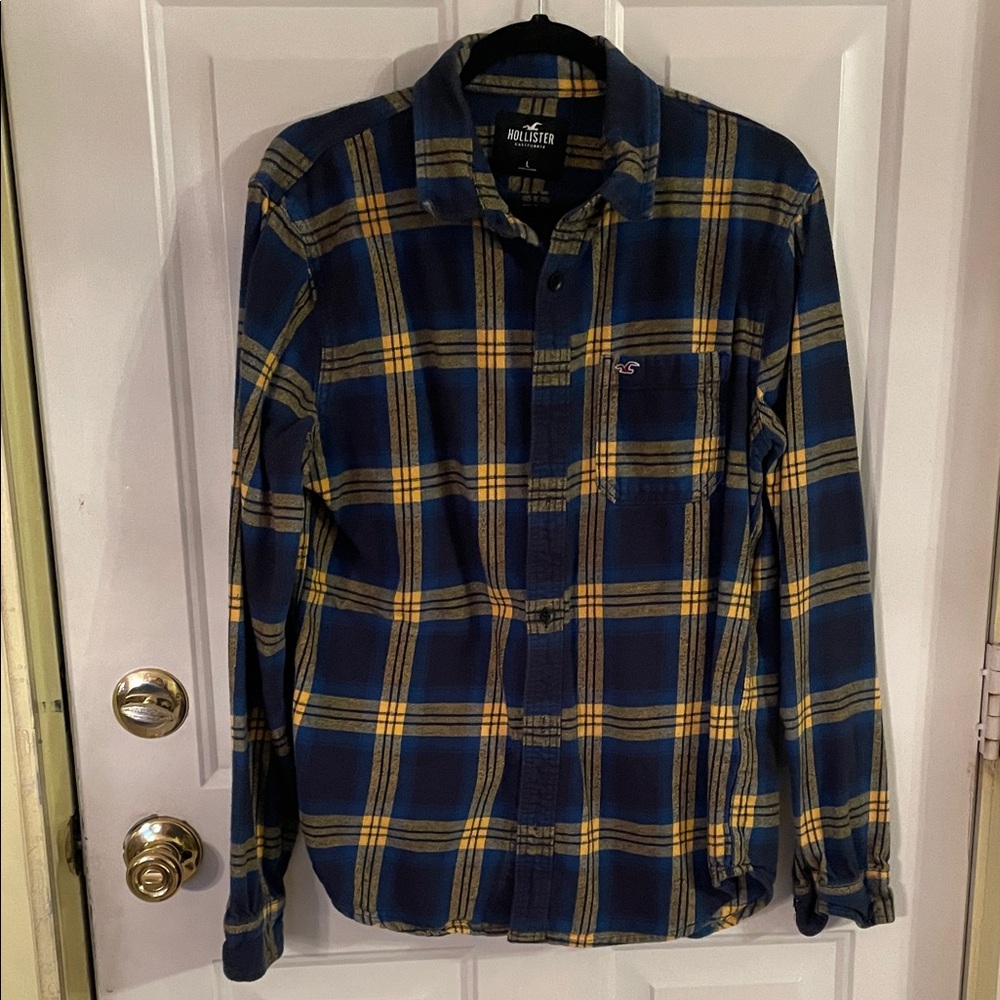 Hollister Men's Navy and Mustard Checkered Shirt